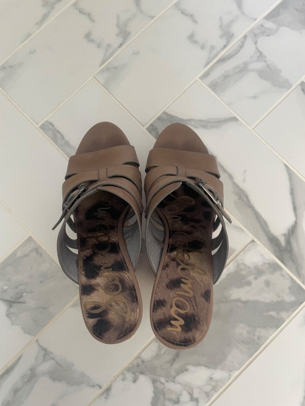 Sam Edelman Chase Cork Platform Sandals Taupe Leather High Heel Wedges - Picture 5 of 9